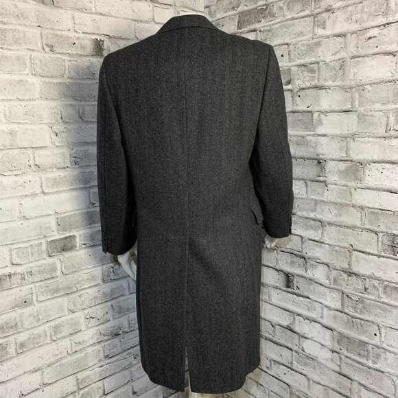 Vintage 90s Union Label Charcoal Herringbone Wool Tweed Overcoat Long Pea Coat - Picture 6 of 16